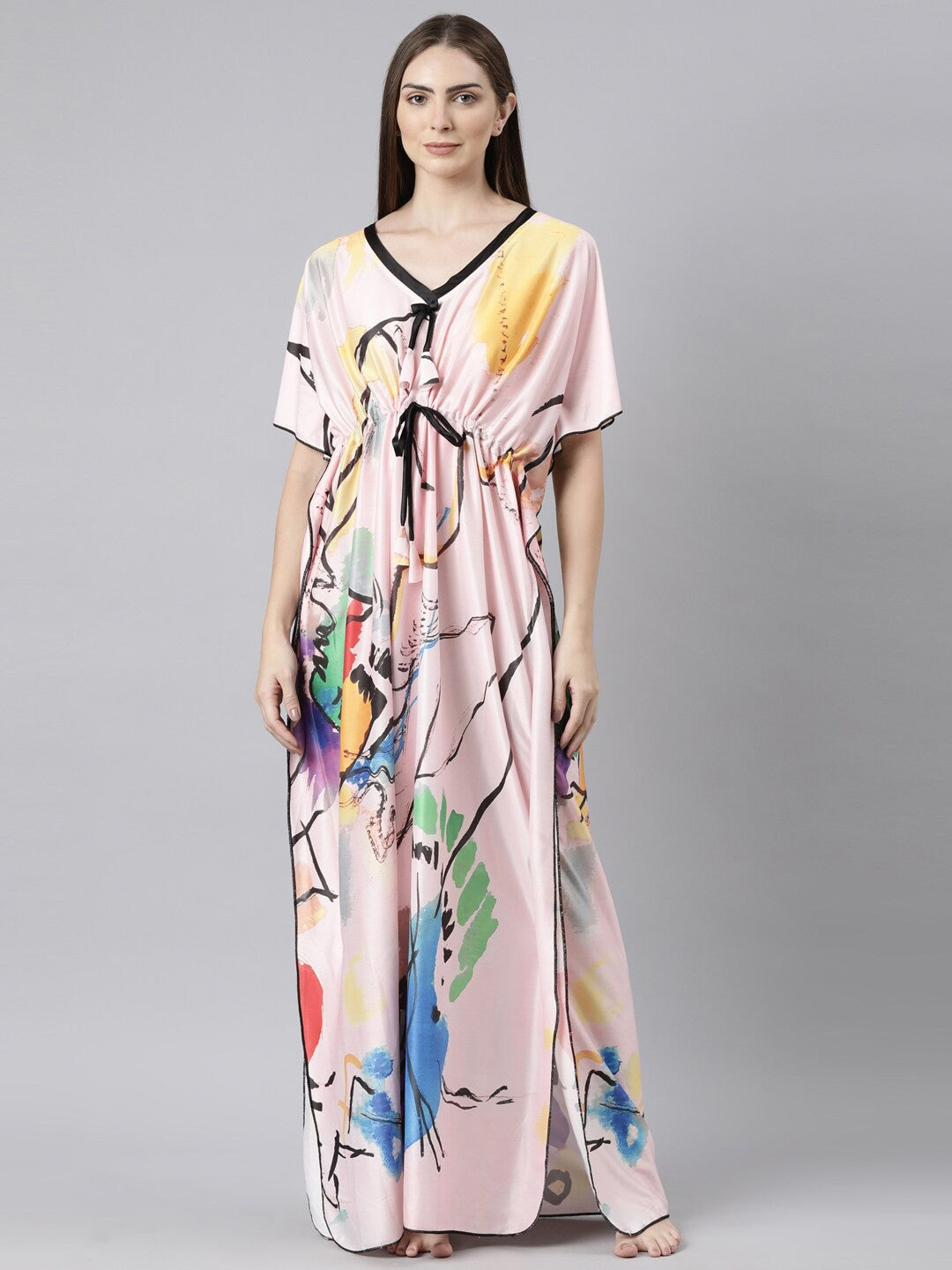 Women Printed V-neck Maxi Kaftan Nightdress