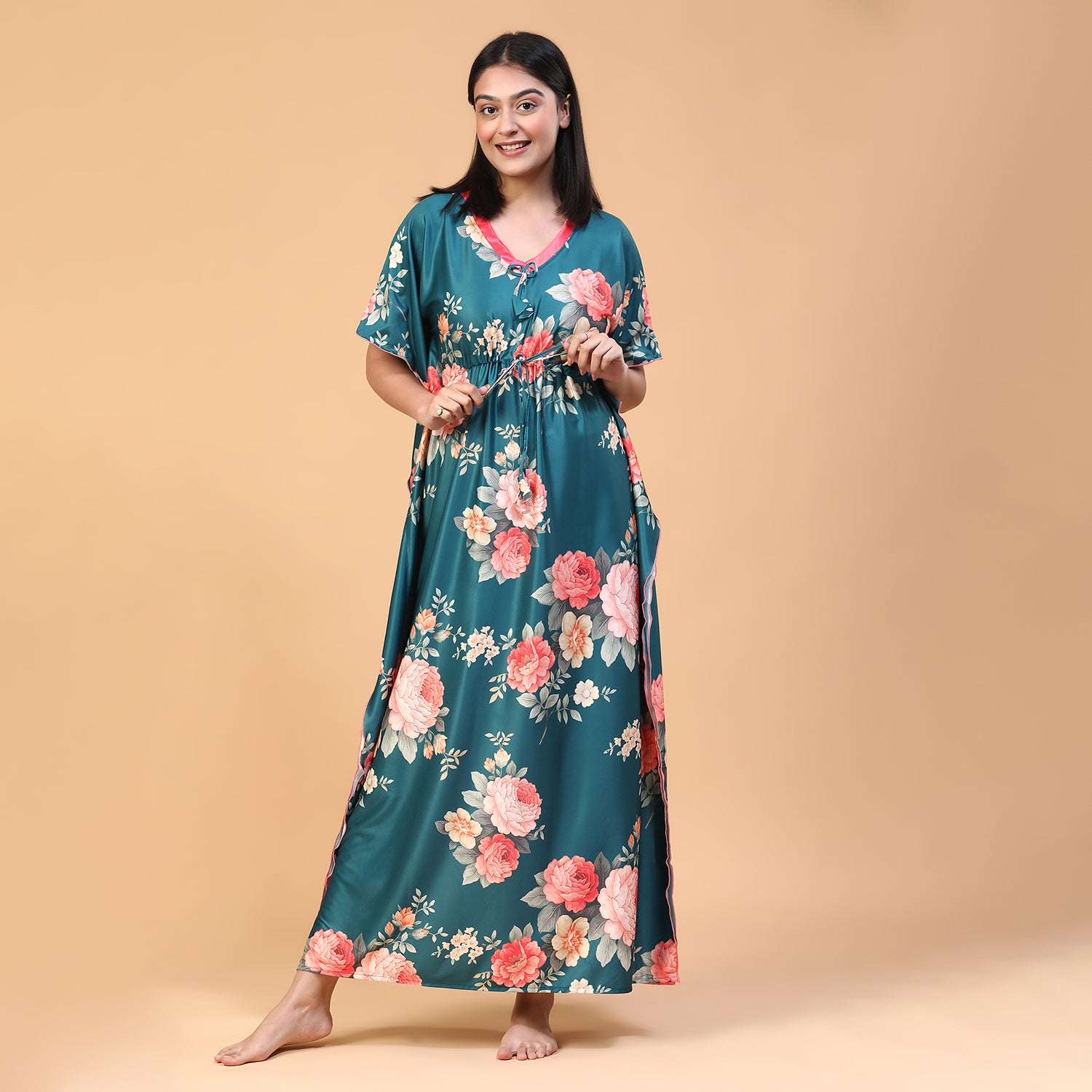 Women Printed V-neck Maxi Kaftan Nightdress
