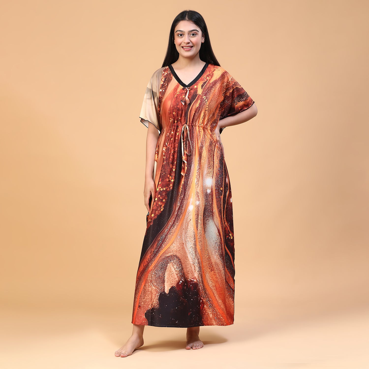 Women Printed V-neck Maxi Kaftan Nightdress