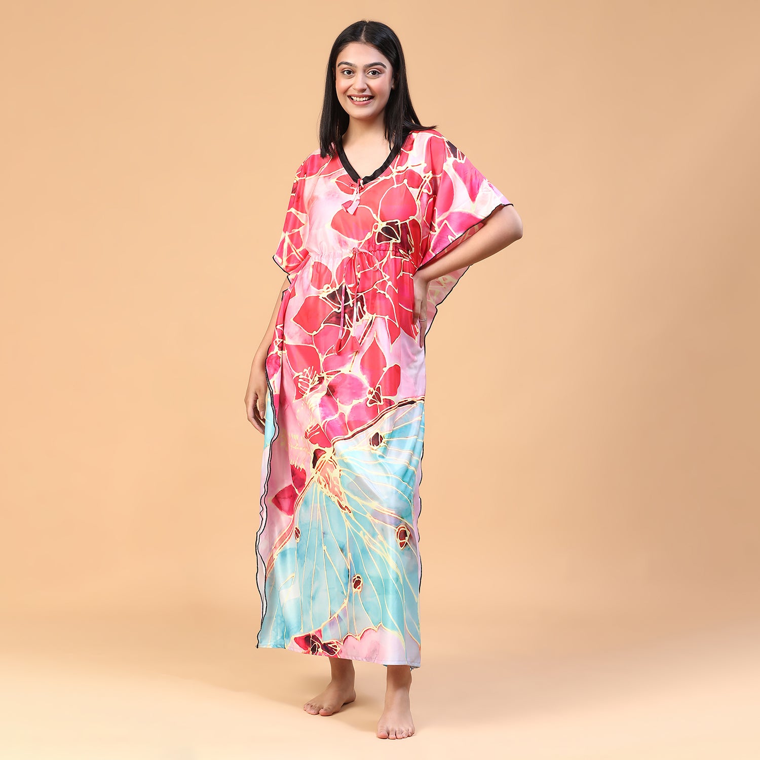 Women Printed V-neck Maxi Kaftan Nightdress