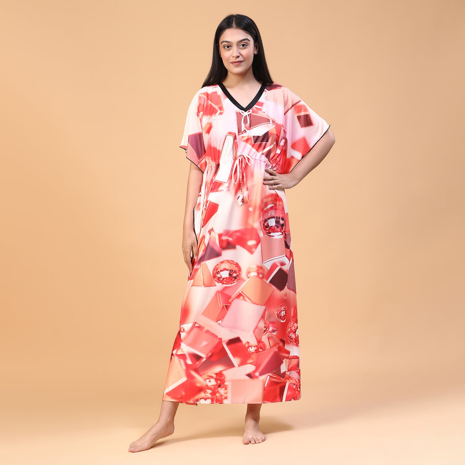 Women Printed V-neck Maxi Kaftan Nightdress