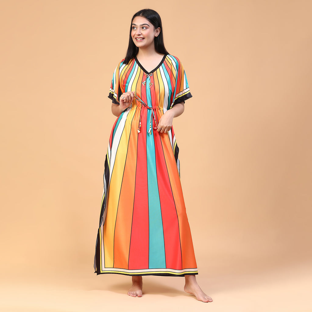 Women Printed V-neck Maxi Kaftan Nightdress