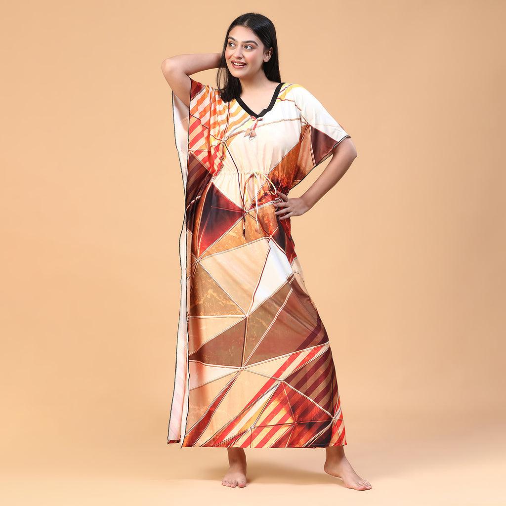 Women Printed V-neck Maxi Kaftan Nightdress