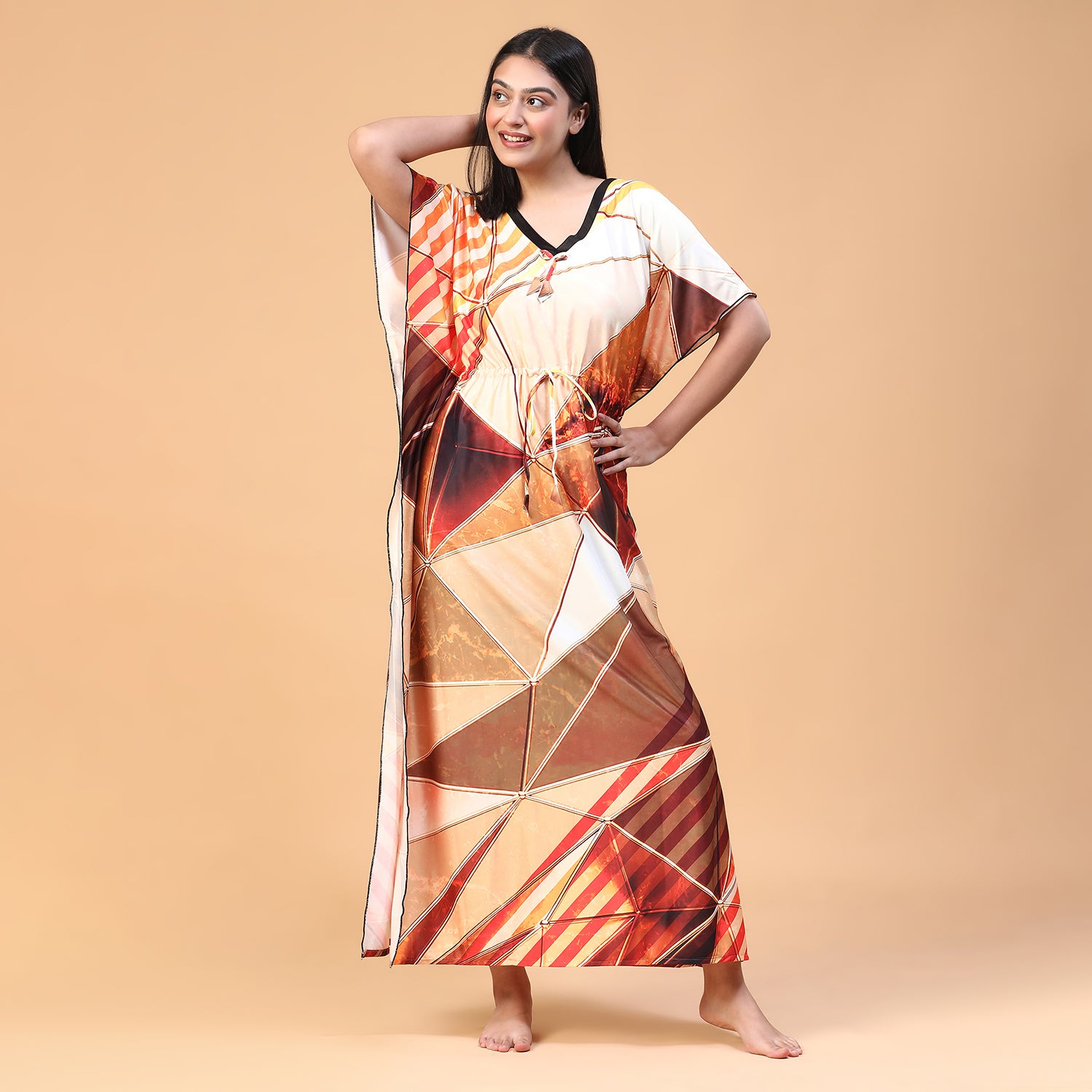 Women Printed V-neck Maxi Kaftan Nightdress