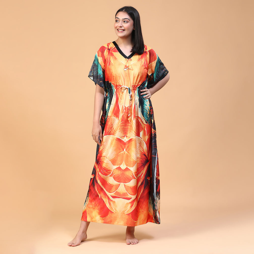 Women Printed V-neck Maxi Kaftan Nightdress