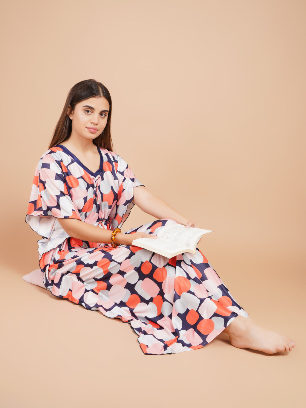 Women Printed V-neck Maxi Kaftan Nightdress