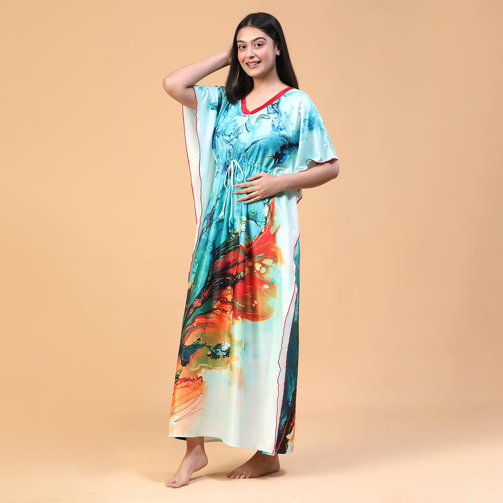 Women Printed V-neck Maxi Kaftan Nightdress