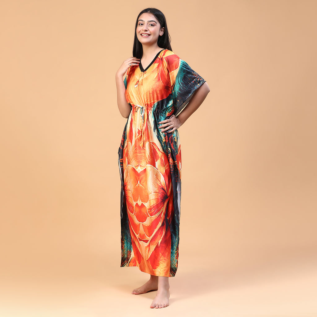 Women Printed V-neck Maxi Kaftan Nightdress