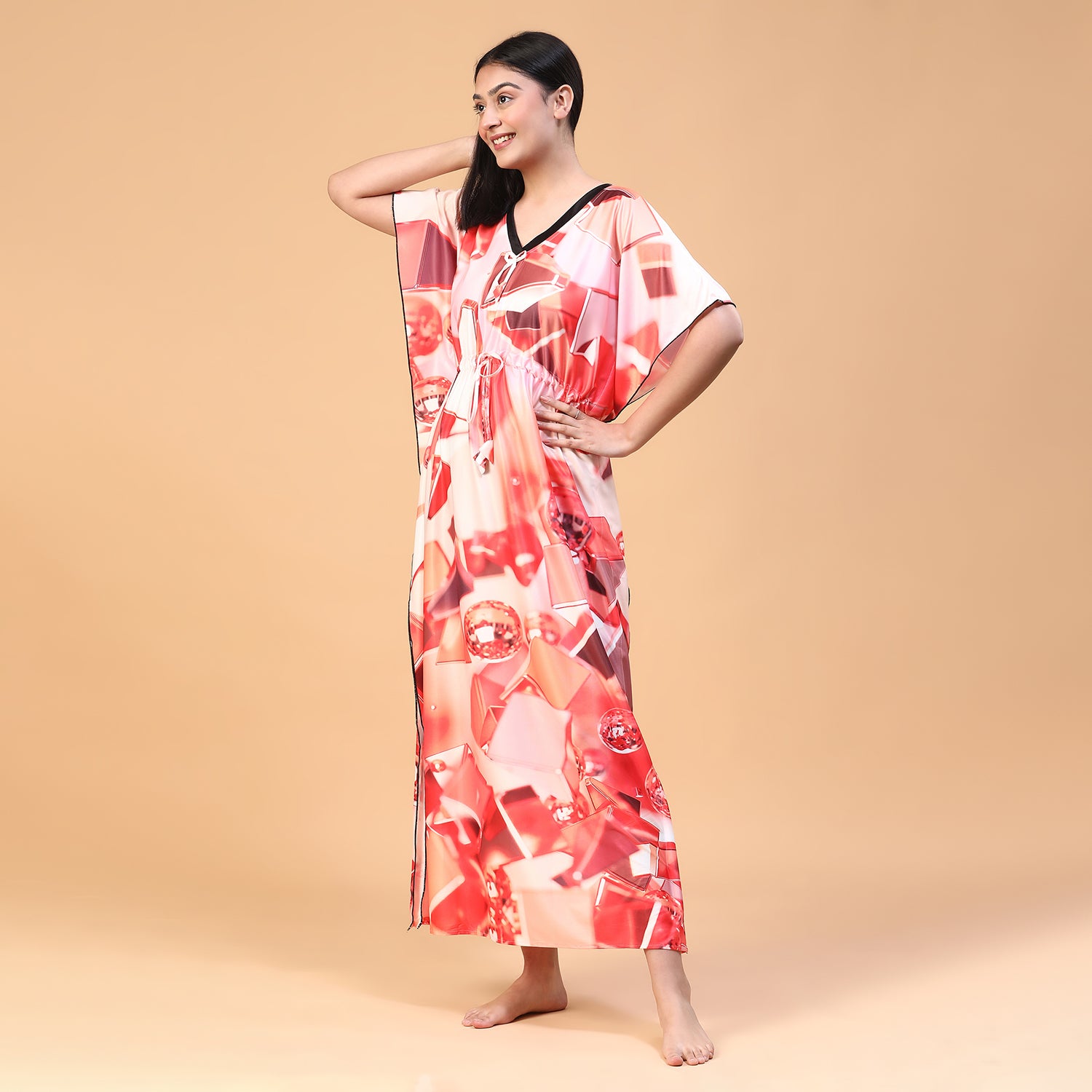 Women Printed V-neck Maxi Kaftan Nightdress