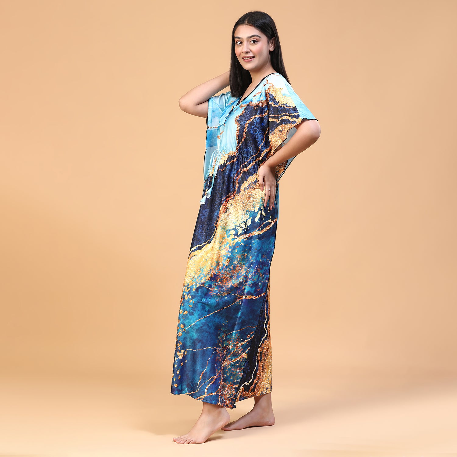 Women Printed V-neck Maxi Kaftan Nightdress