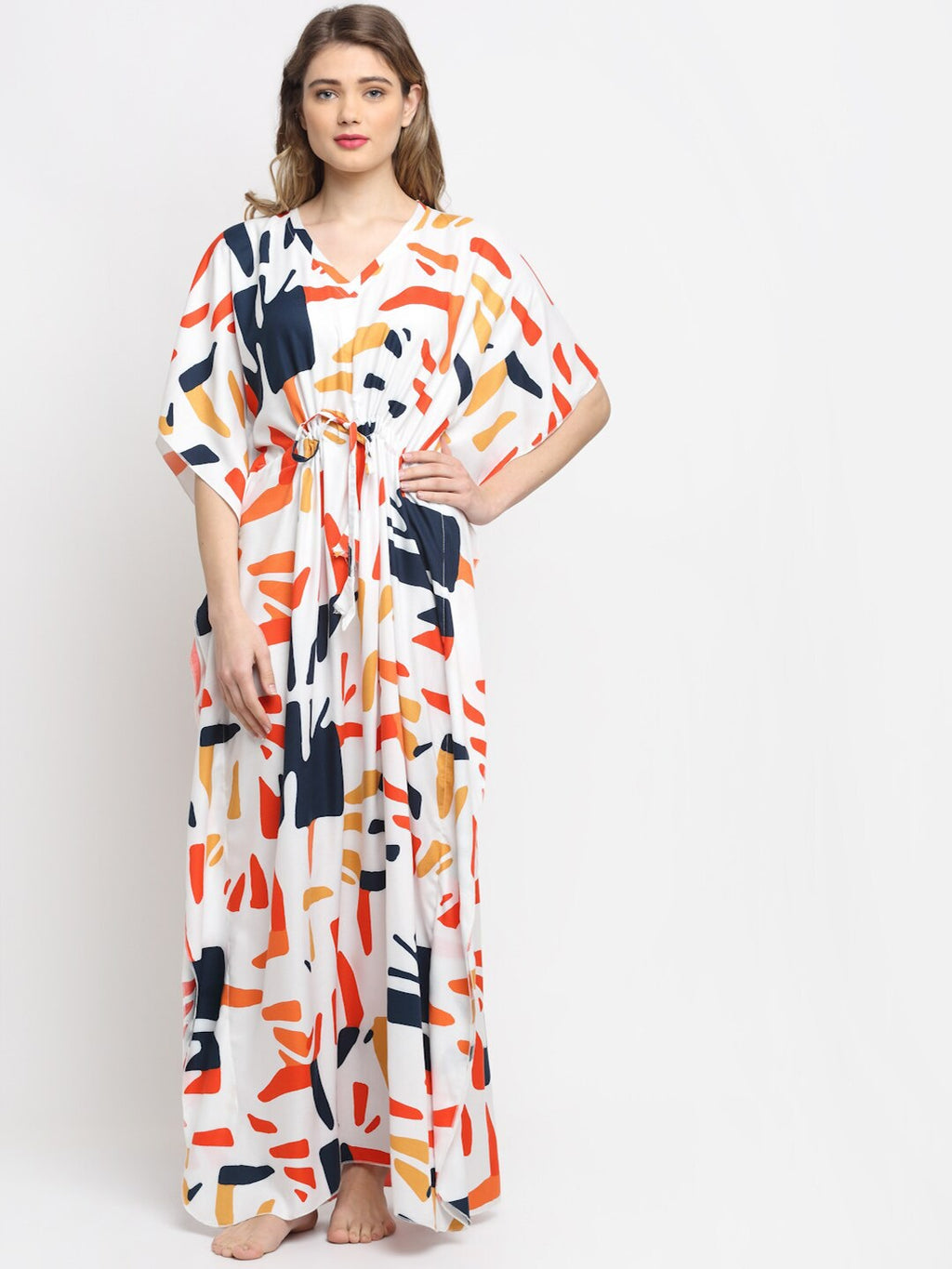 Women Printed V-neck Maxi Kaftan Nightdress