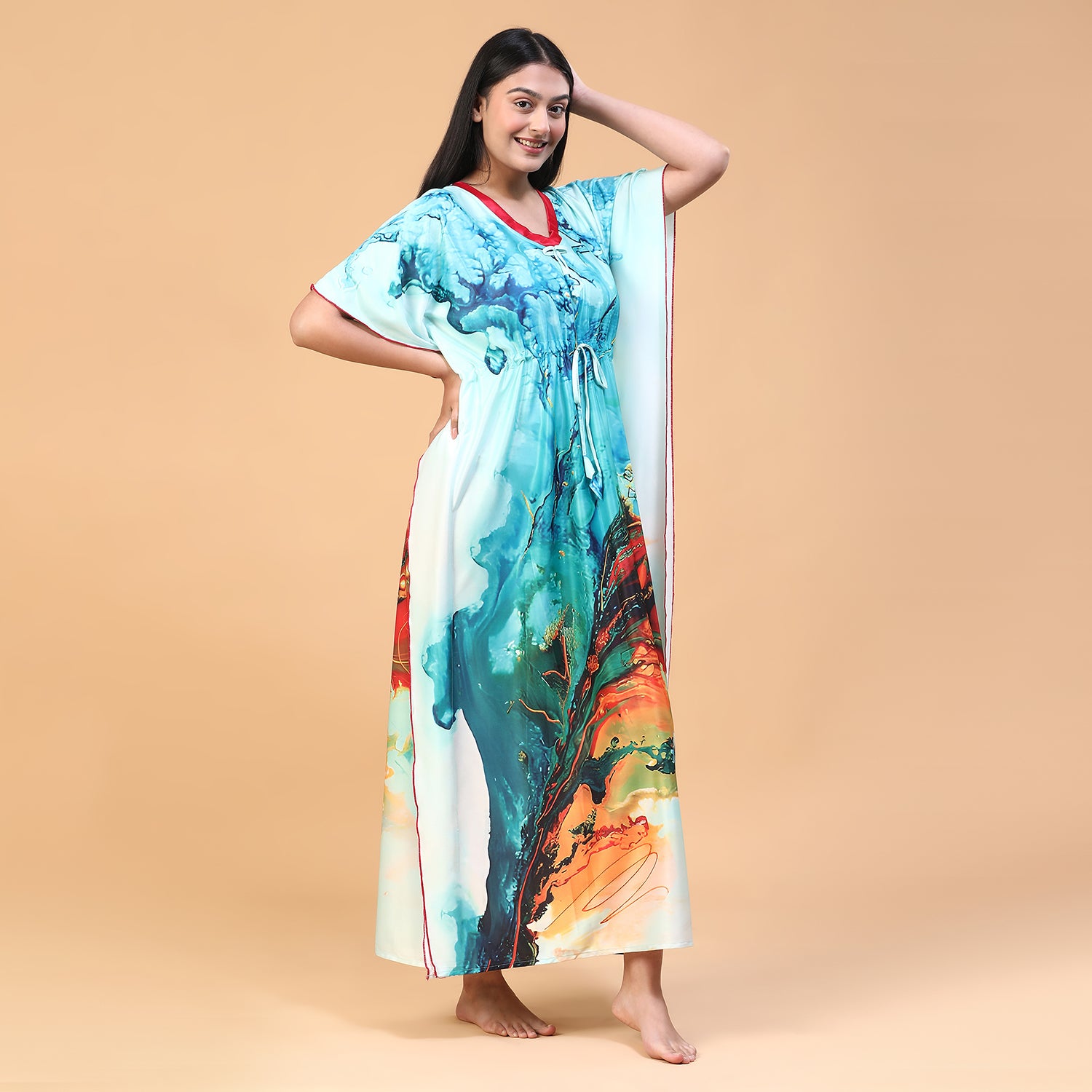 Women Printed V-neck Maxi Kaftan Nightdress