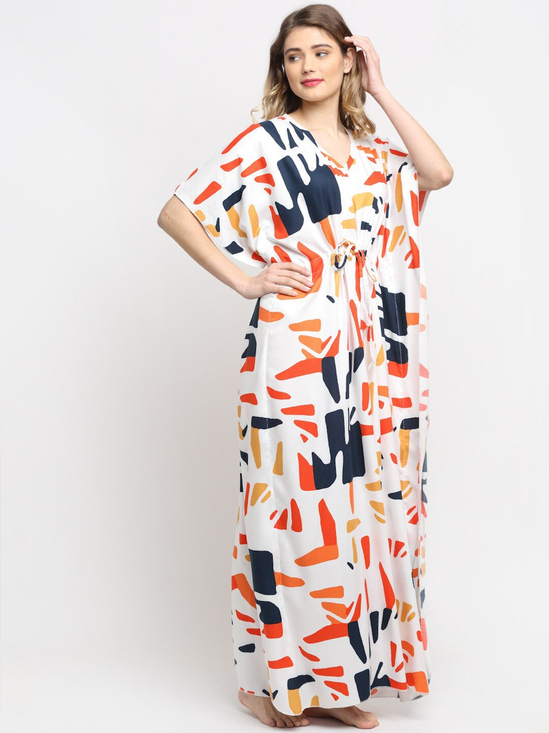 Women Printed V-neck Maxi Kaftan Nightdress