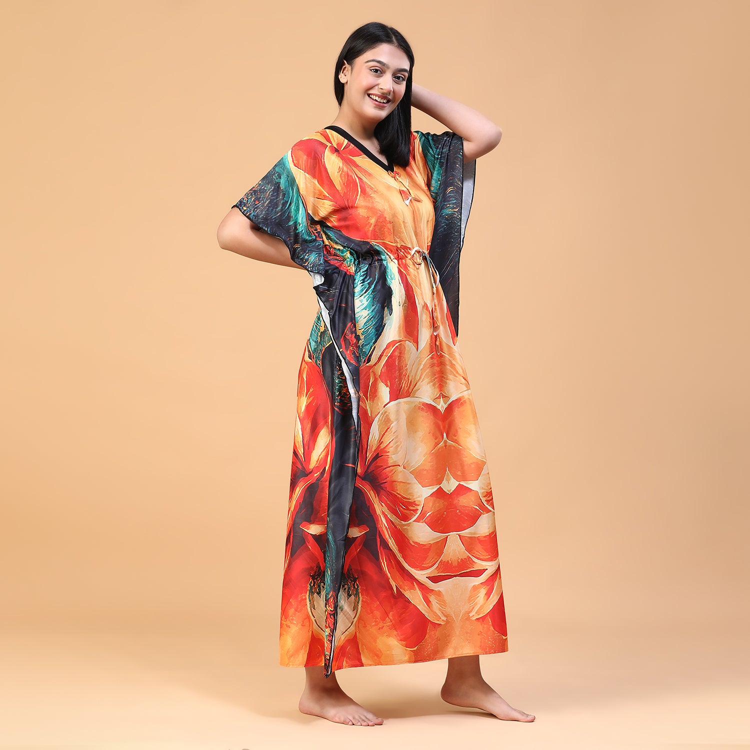 Women Printed V-neck Maxi Kaftan Nightdress