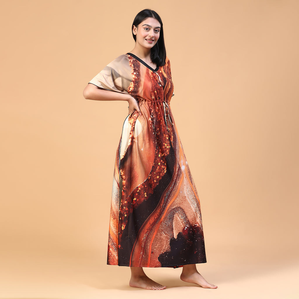 Women Printed V-neck Maxi Kaftan Nightdress