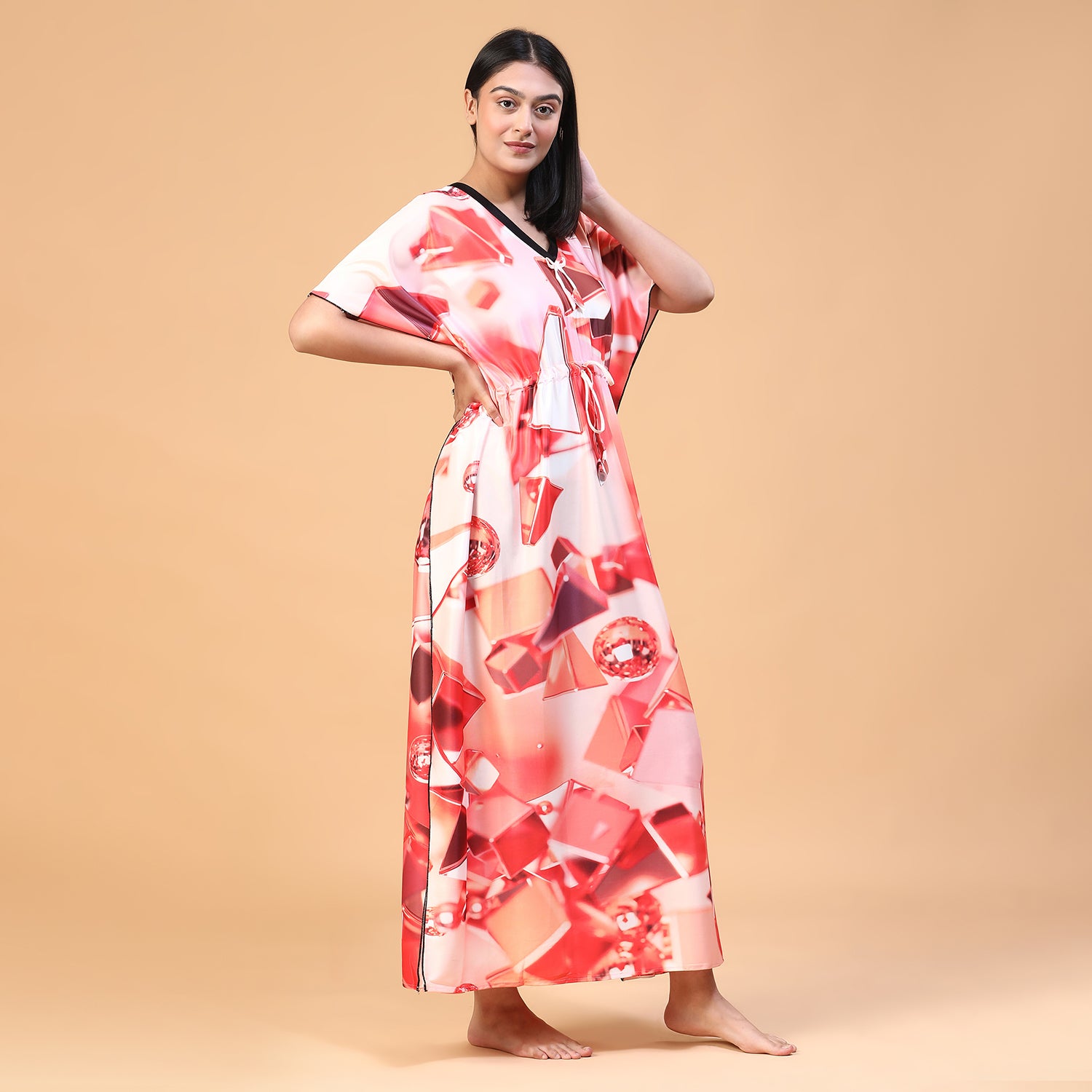 Women Printed V-neck Maxi Kaftan Nightdress