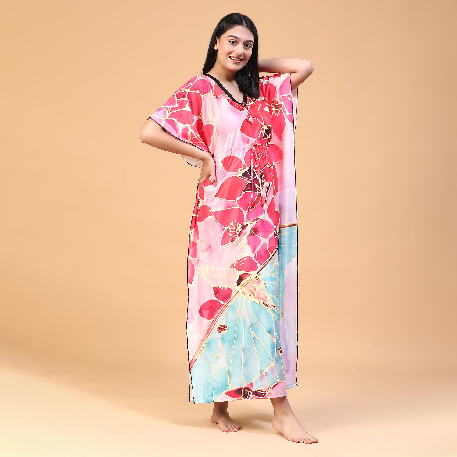 Women Printed V-neck Maxi Kaftan Nightdress