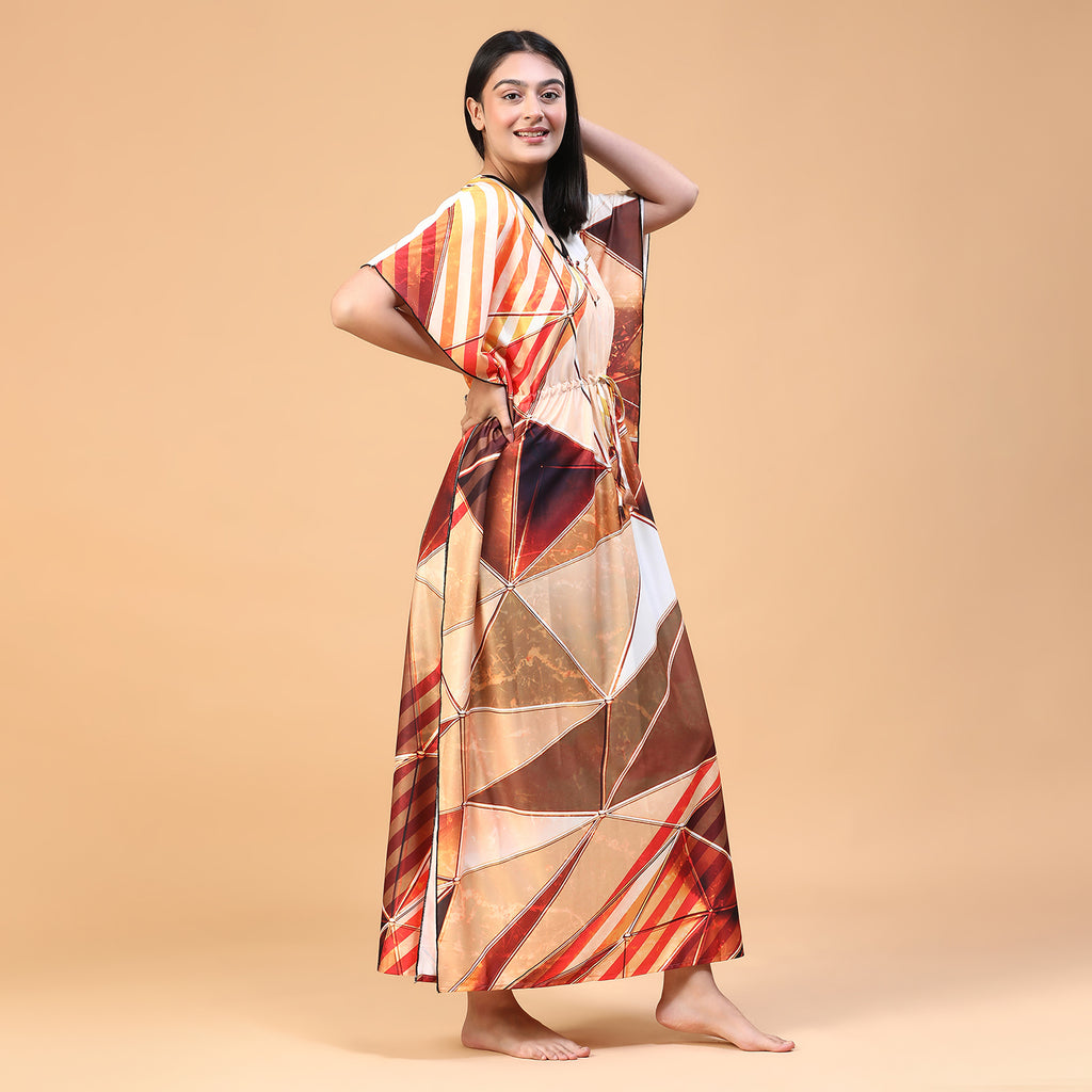 Women Printed V-neck Maxi Kaftan Nightdress