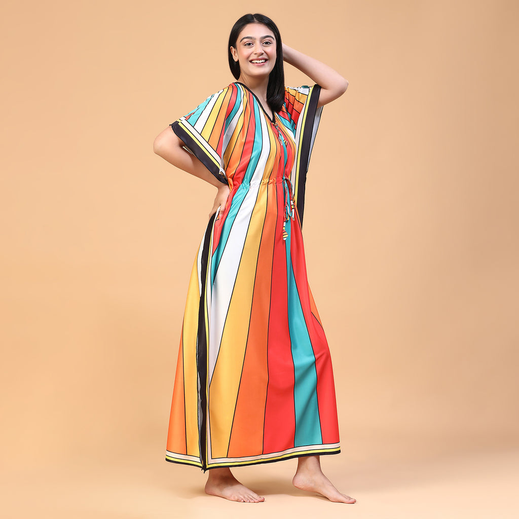 Women Printed V-neck Maxi Kaftan Nightdress