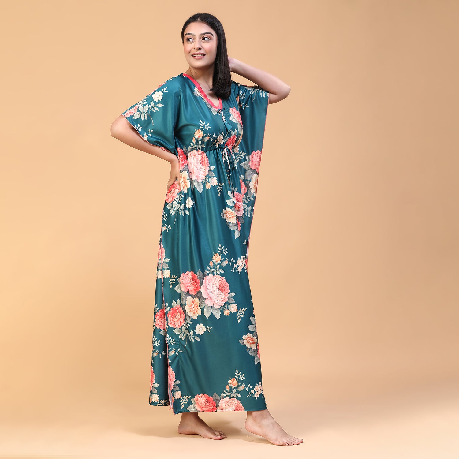 Women Printed V-neck Maxi Kaftan Nightdress
