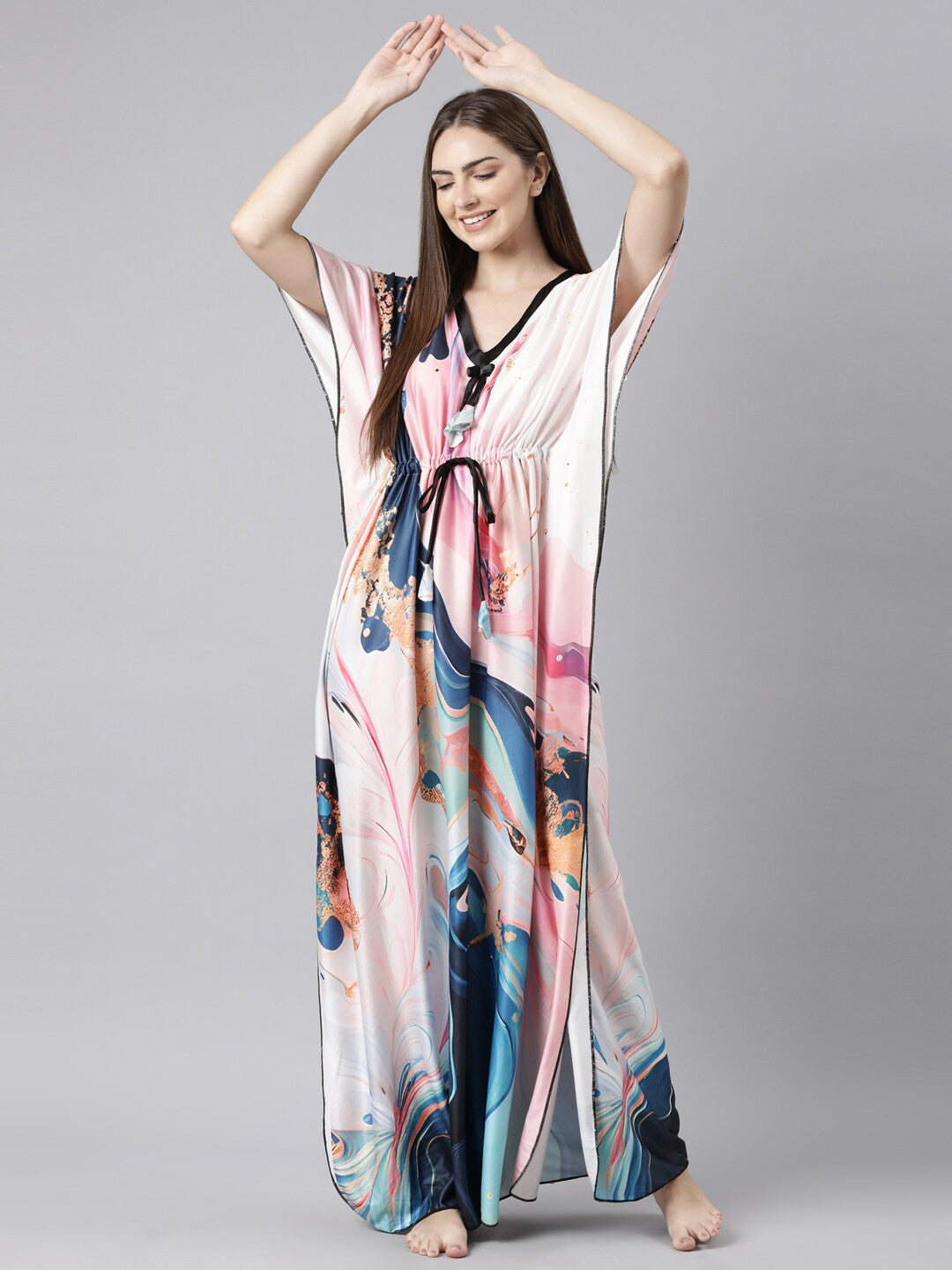 Women Printed Satin Kaftan Nightdress