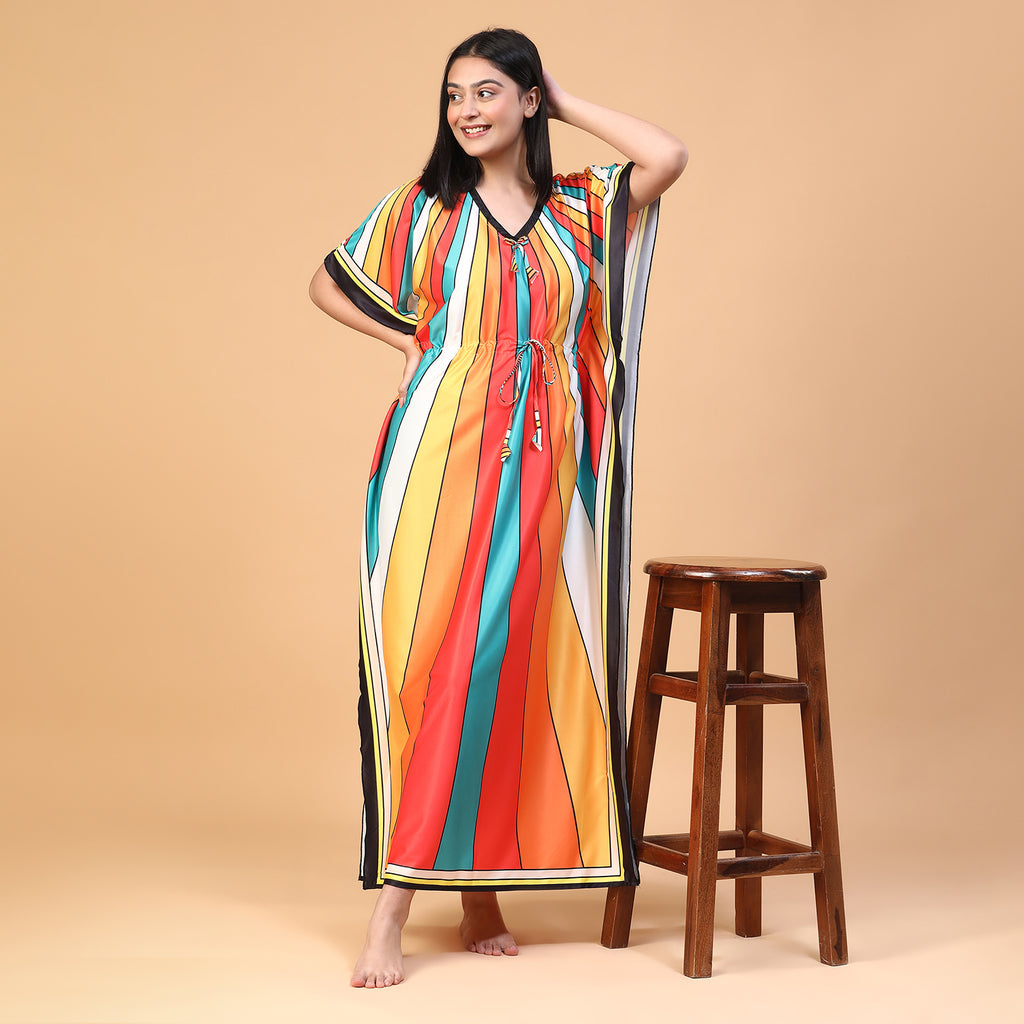 Women Printed V-neck Maxi Kaftan Nightdress