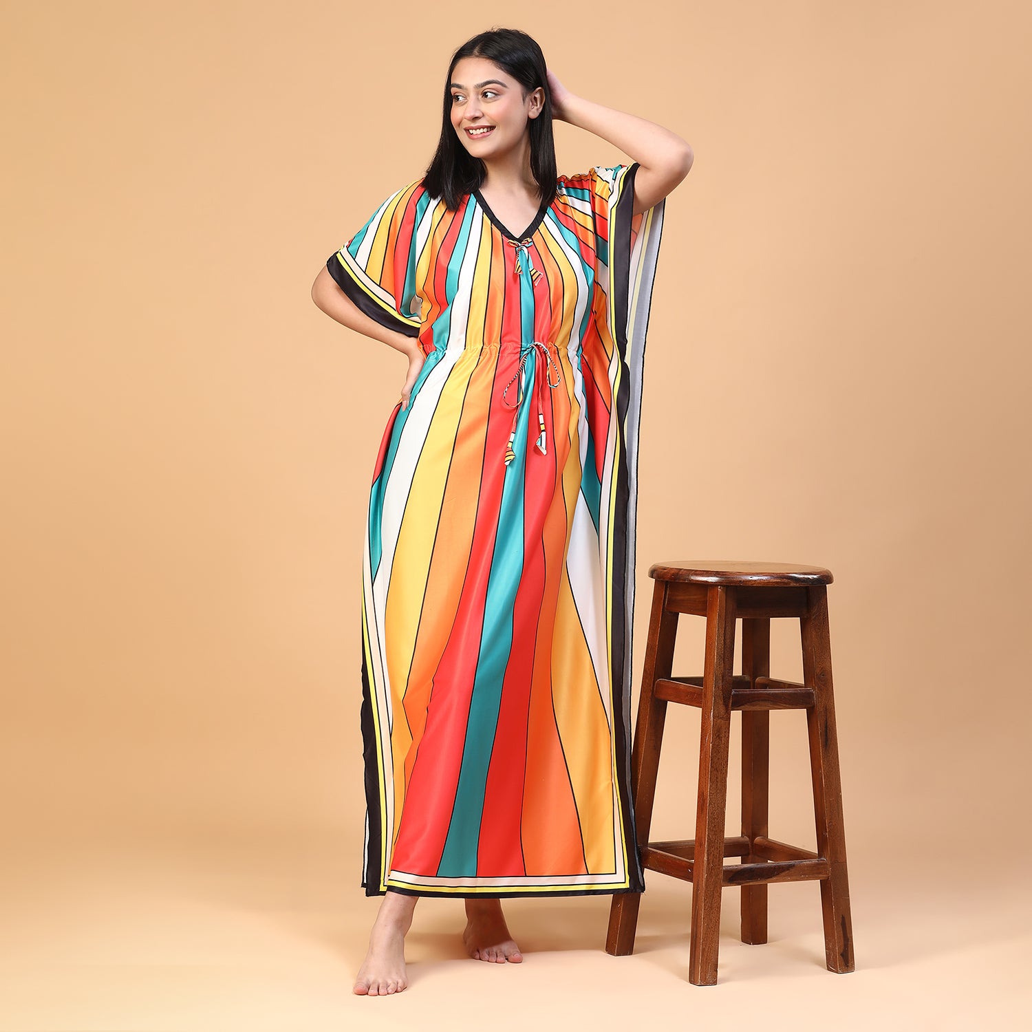 Women Printed V-neck Maxi Kaftan Nightdress