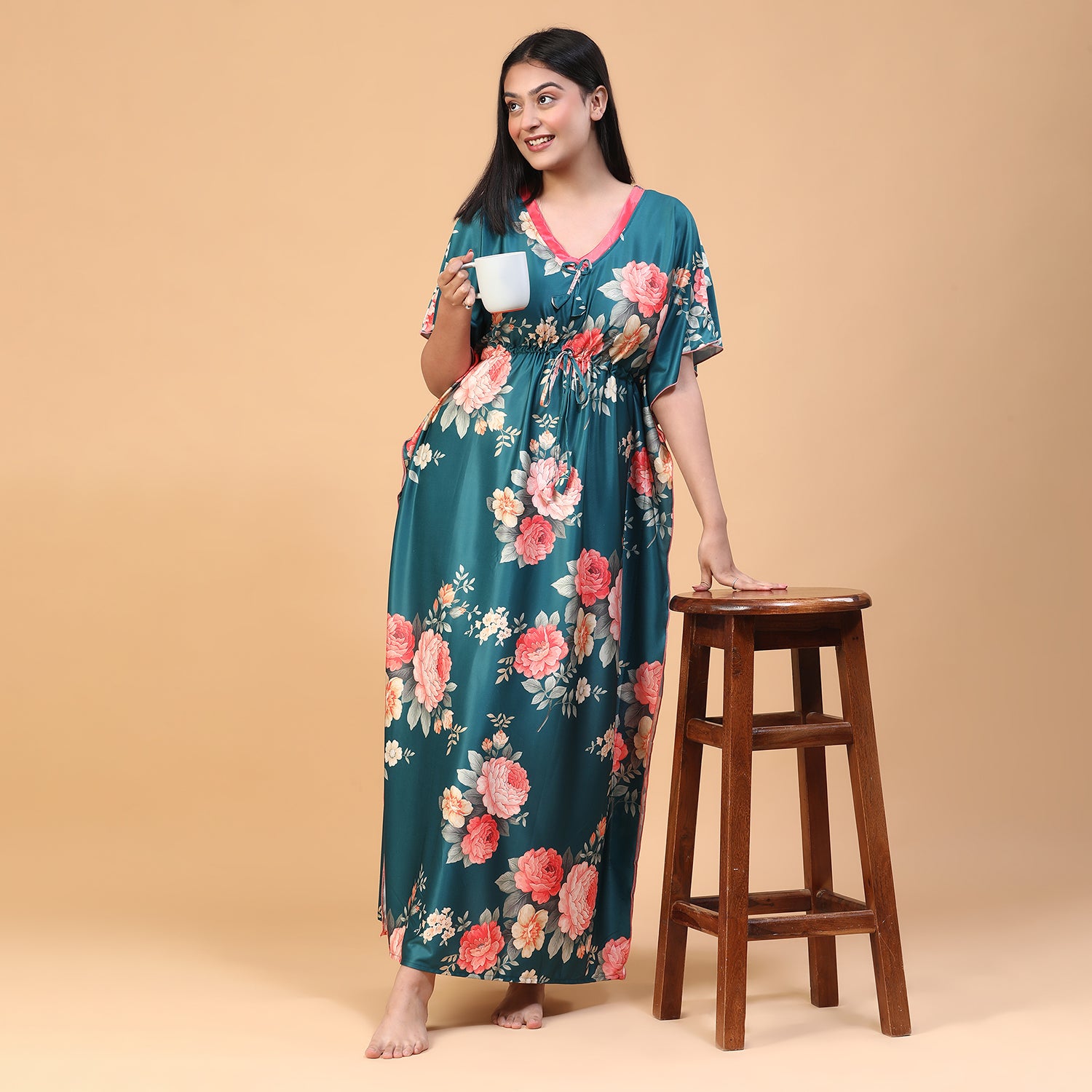 Women Printed V-neck Maxi Kaftan Nightdress