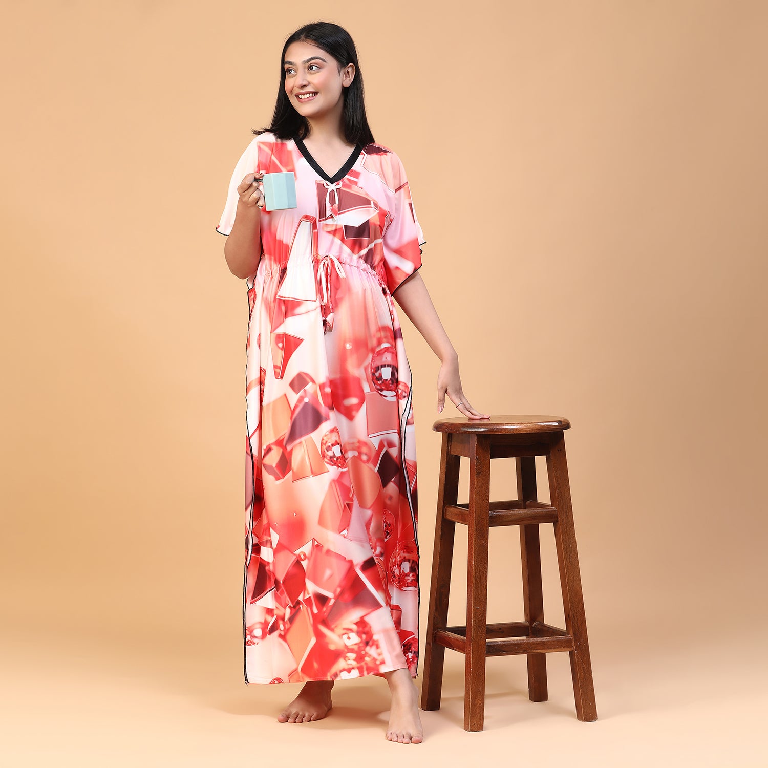 Women Printed V-neck Maxi Kaftan Nightdress