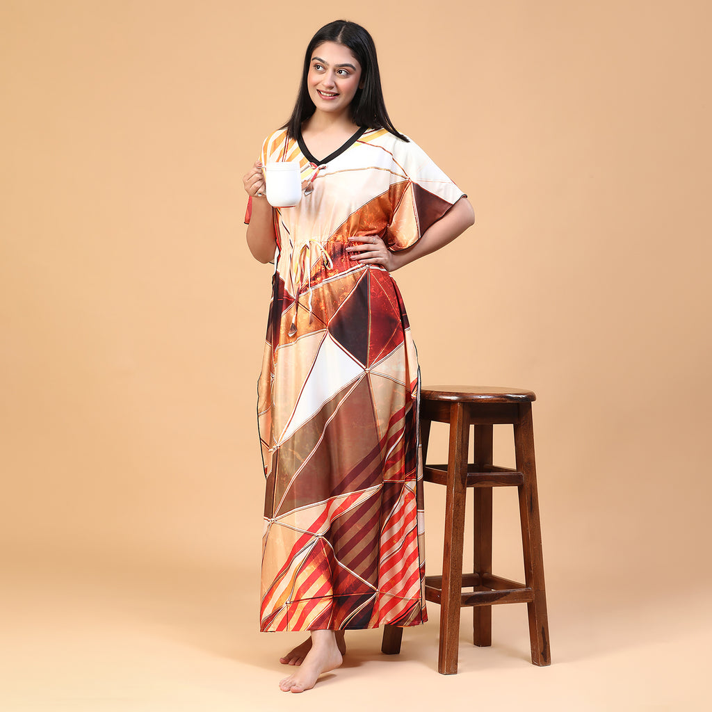 Women Printed V-neck Maxi Kaftan Nightdress