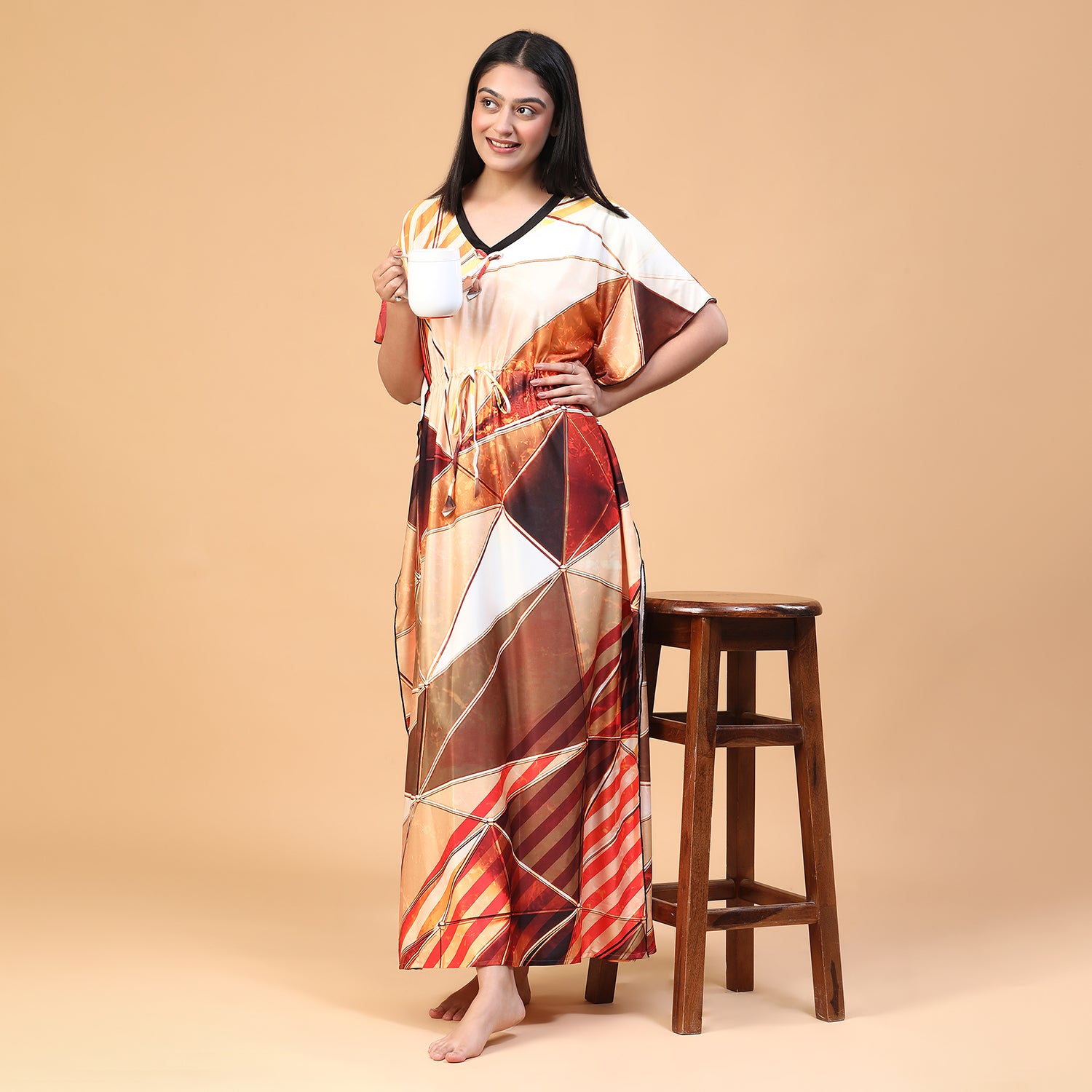 Women Printed V-neck Maxi Kaftan Nightdress
