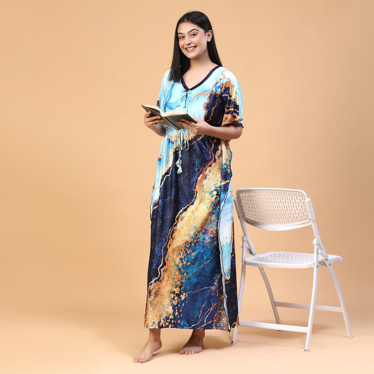 Women Printed V-neck Maxi Kaftan Nightdress