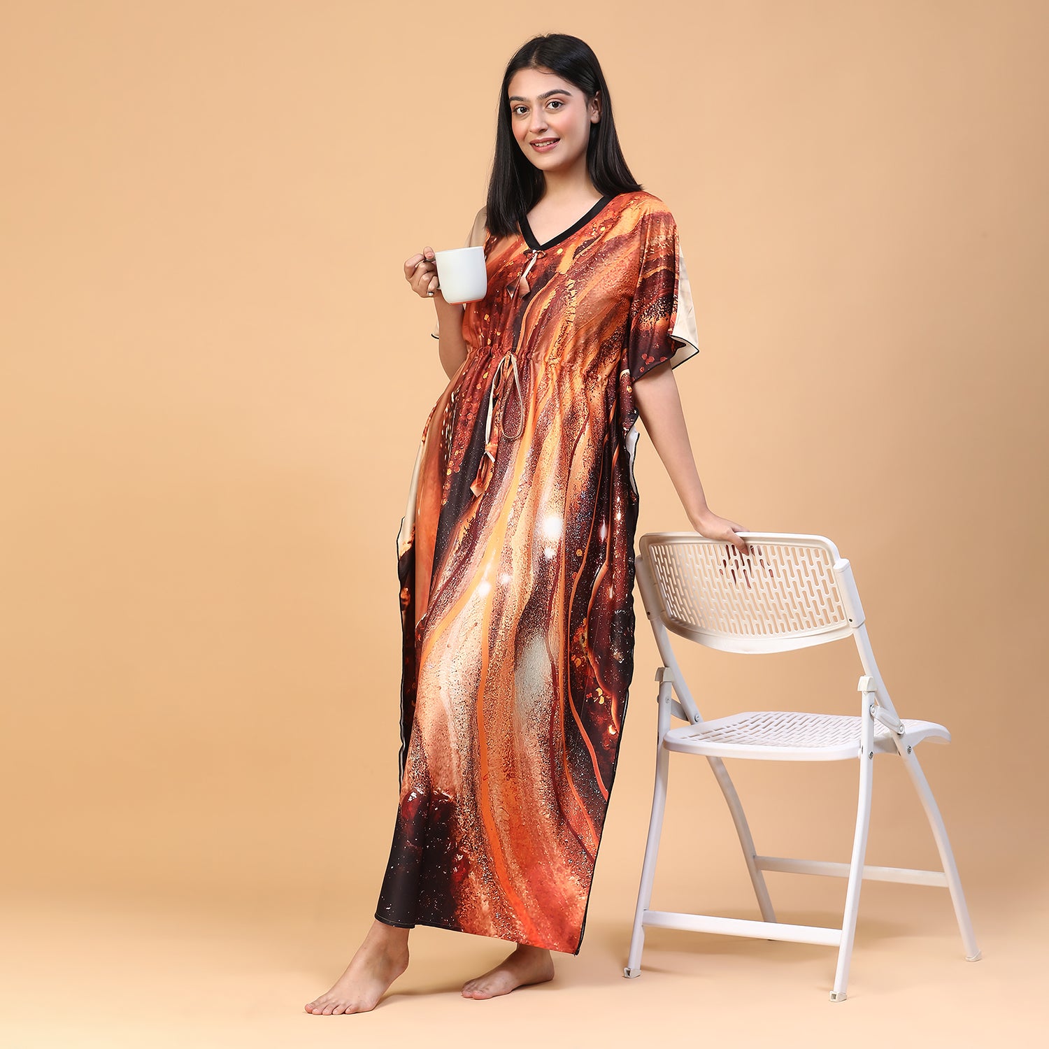 Women Printed V-neck Maxi Kaftan Nightdress
