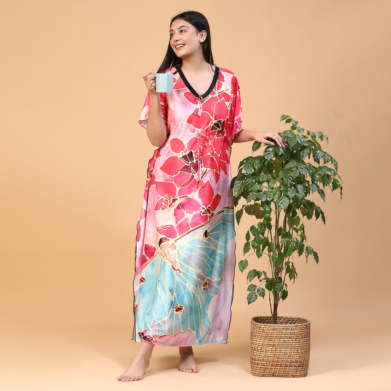 Women Printed V-neck Maxi Kaftan Nightdress