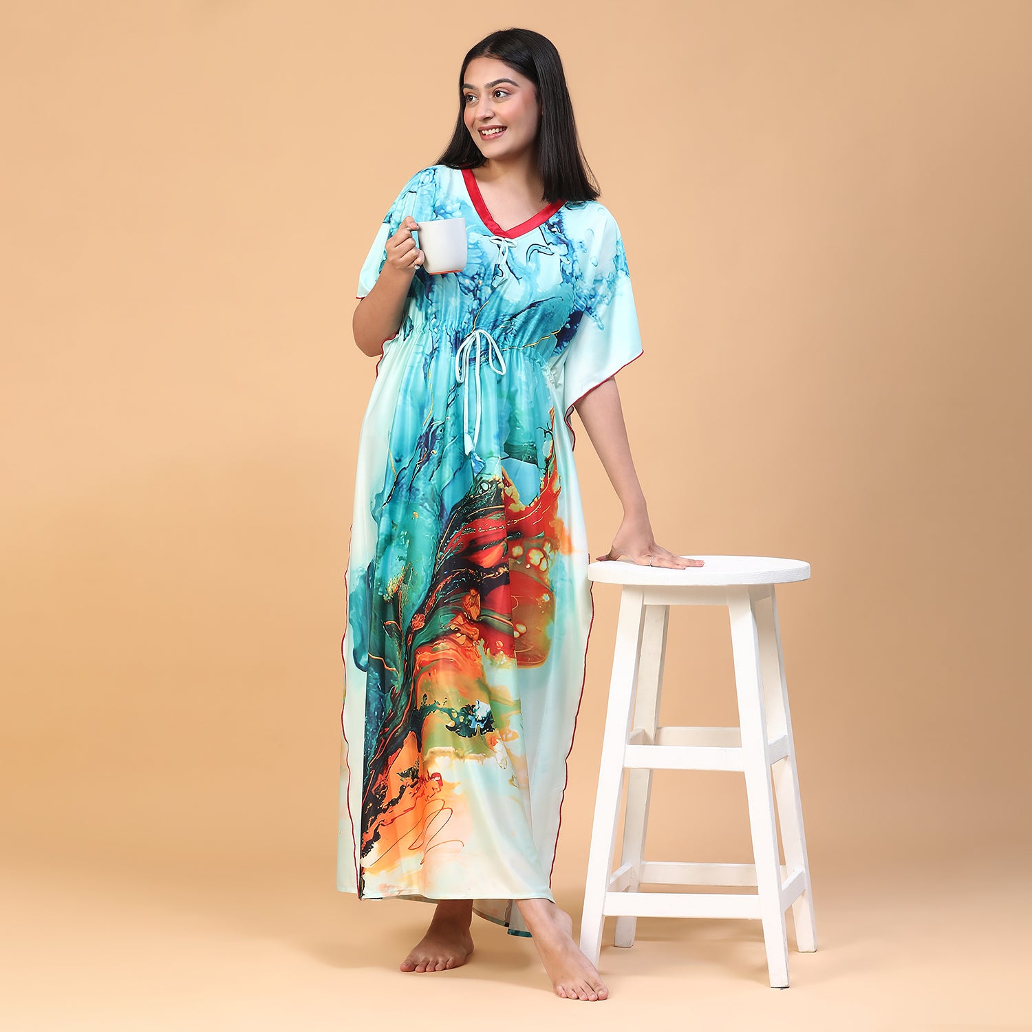 Women Printed V-neck Maxi Kaftan Nightdress