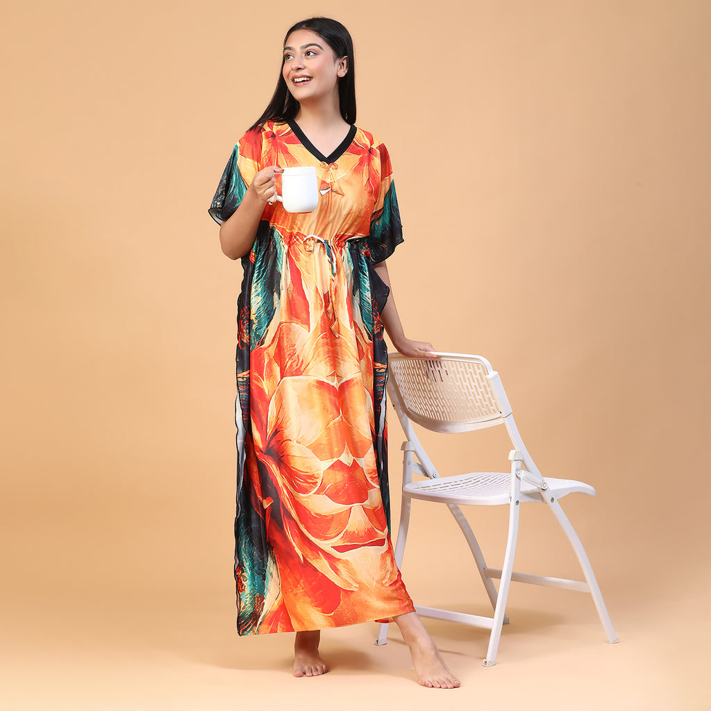 Women Printed V-neck Maxi Kaftan Nightdress
