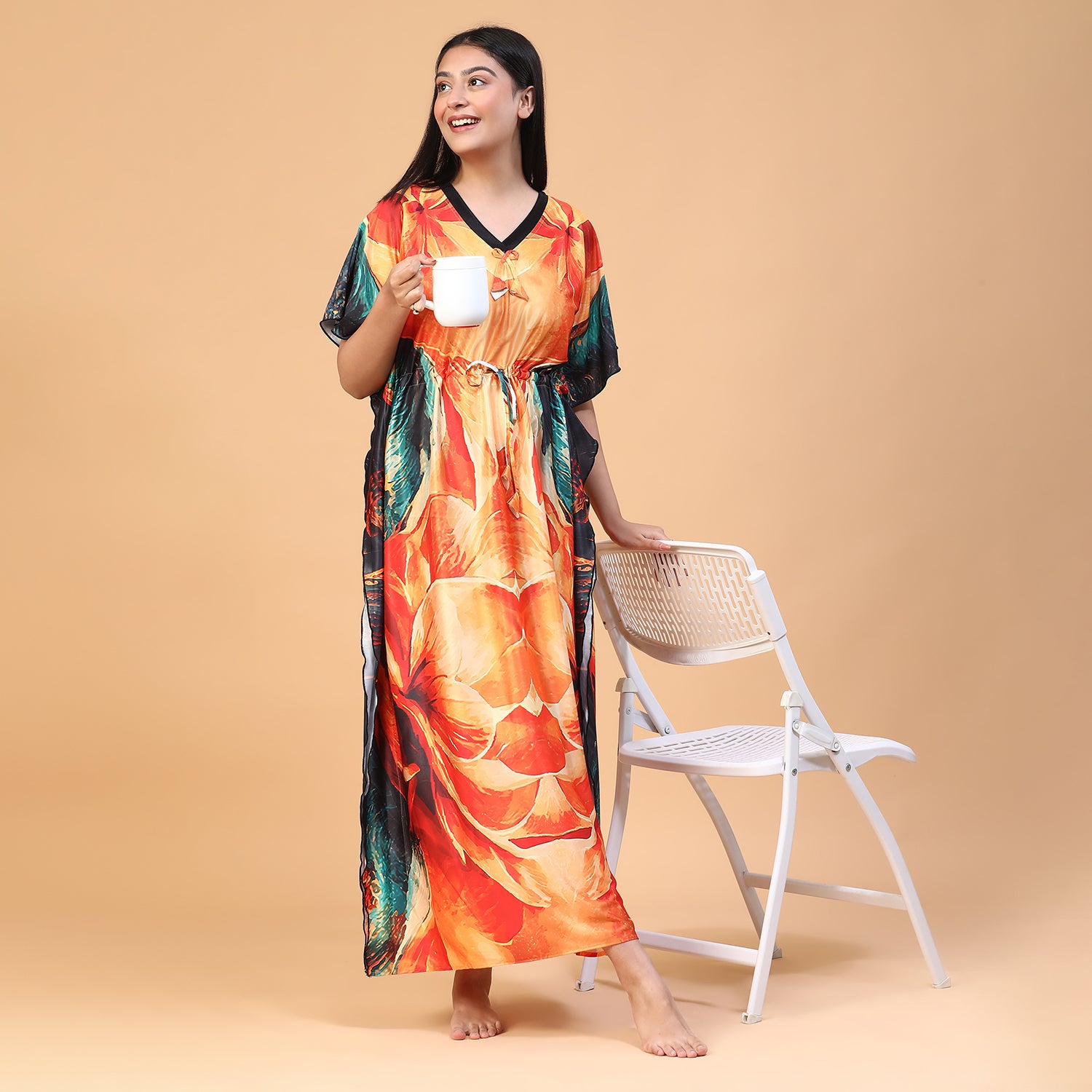 Women Printed V-neck Maxi Kaftan Nightdress