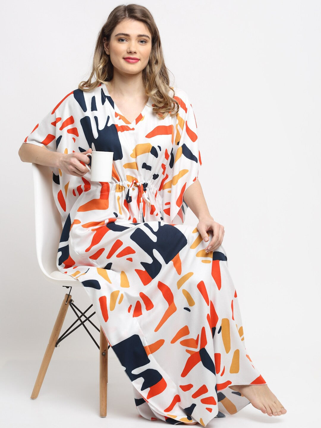 Women Printed V-neck Maxi Kaftan Nightdress