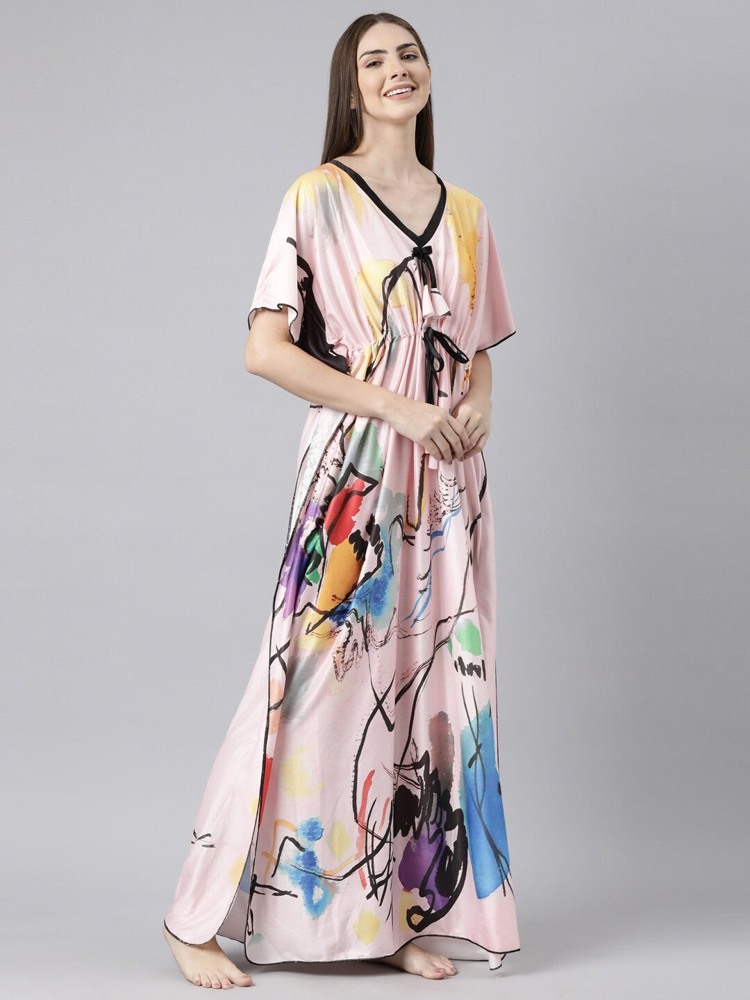 Women Printed V-neck Maxi Kaftan Nightdress