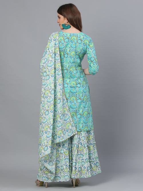 Floral Embroidered V-Neck Straight Kurta With Trousers & Dupatta