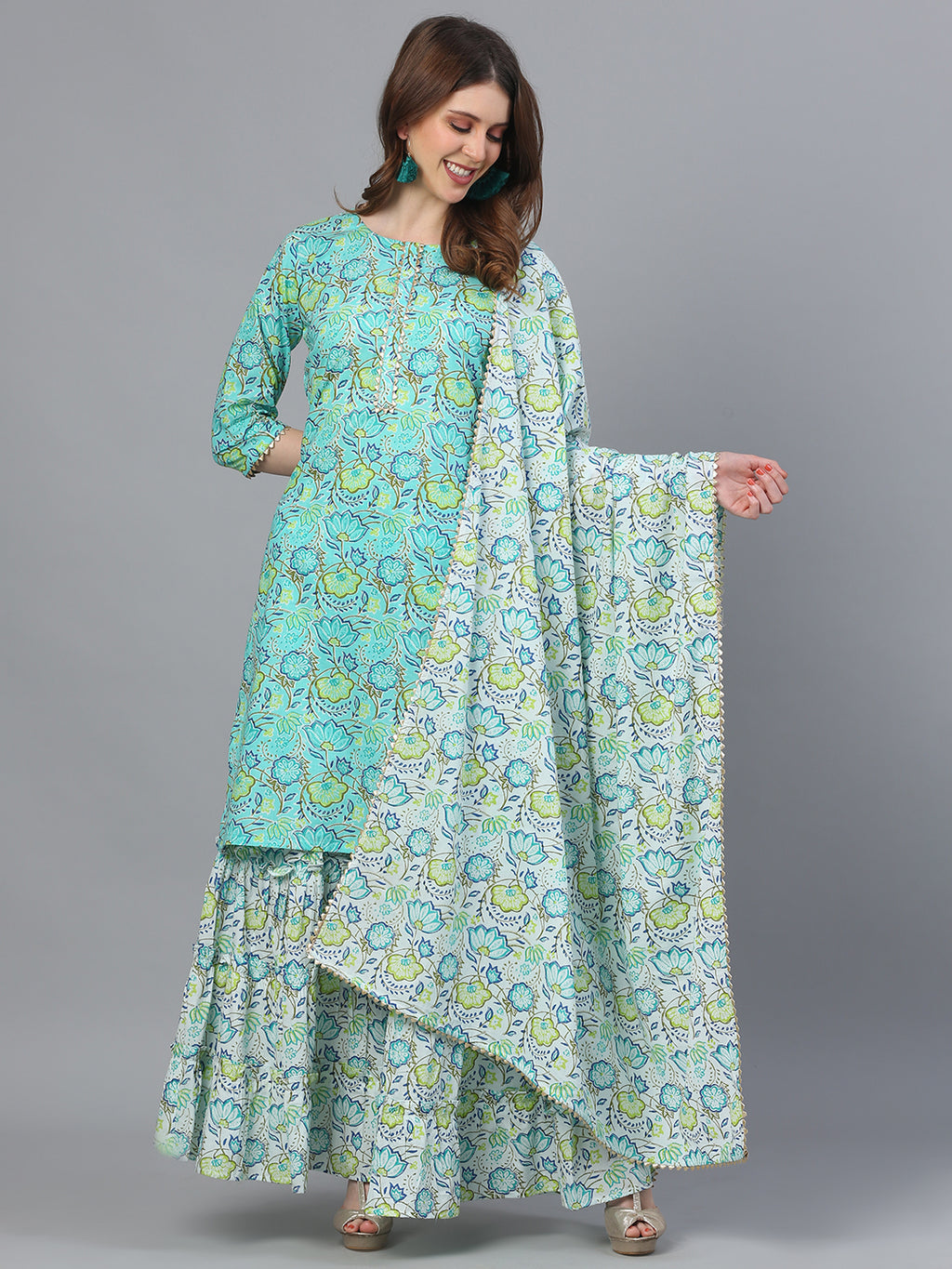 Floral Embroidered V-Neck Straight Kurta With Trousers & Dupatta