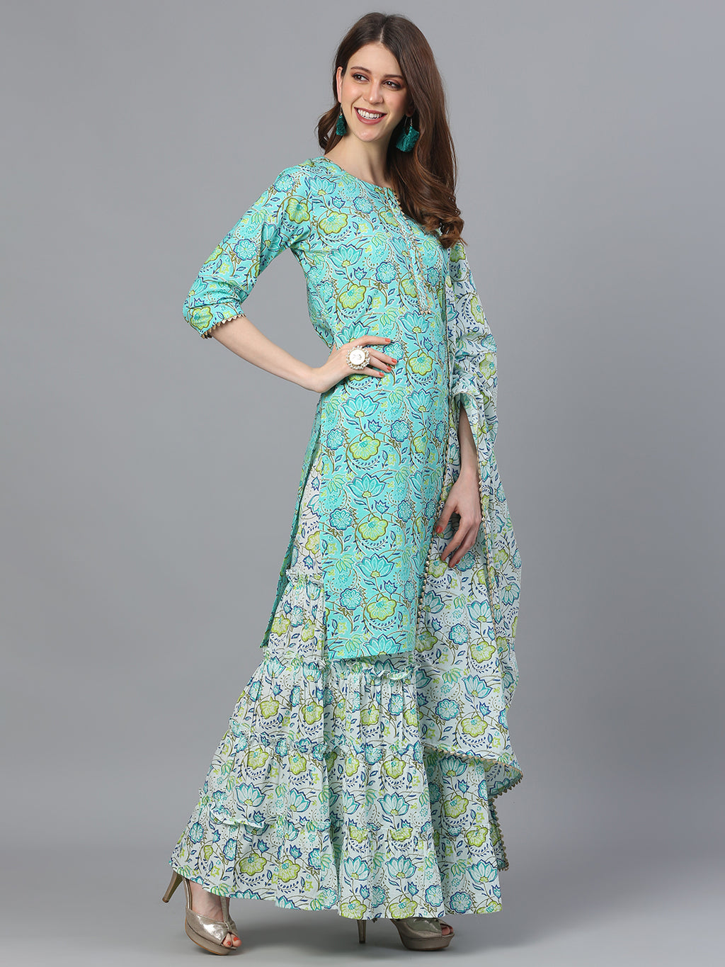 Floral Embroidered V-Neck Straight Kurta With Trousers & Dupatta