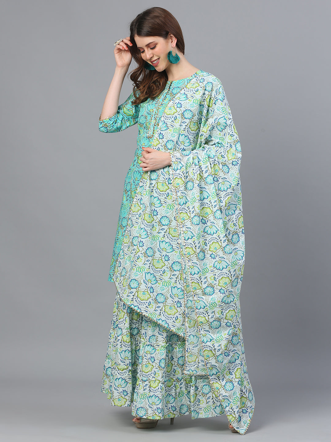 Floral Embroidered V-Neck Straight Kurta With Trousers & Dupatta
