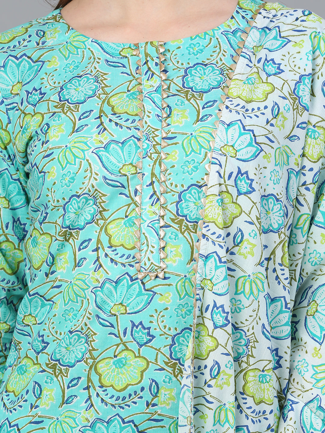 Floral Embroidered V-Neck Straight Kurta With Trousers & Dupatta
