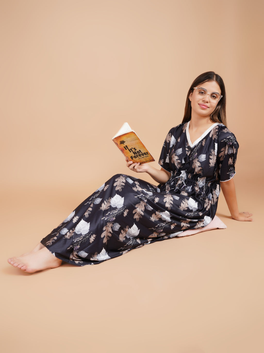 Women Printed V-neck Maxi Kaftan Nightdress