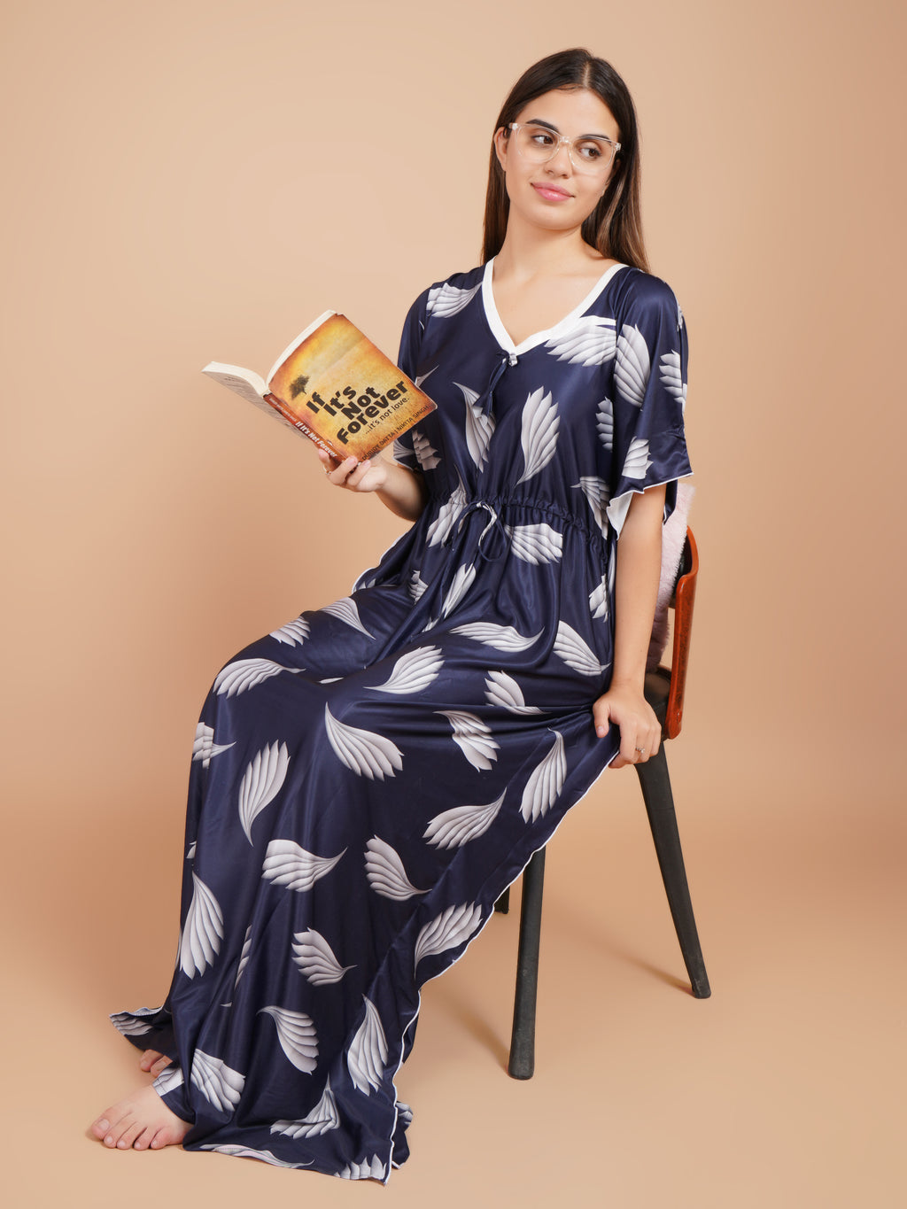 Women Printed V-neck Maxi Kaftan Nightdress