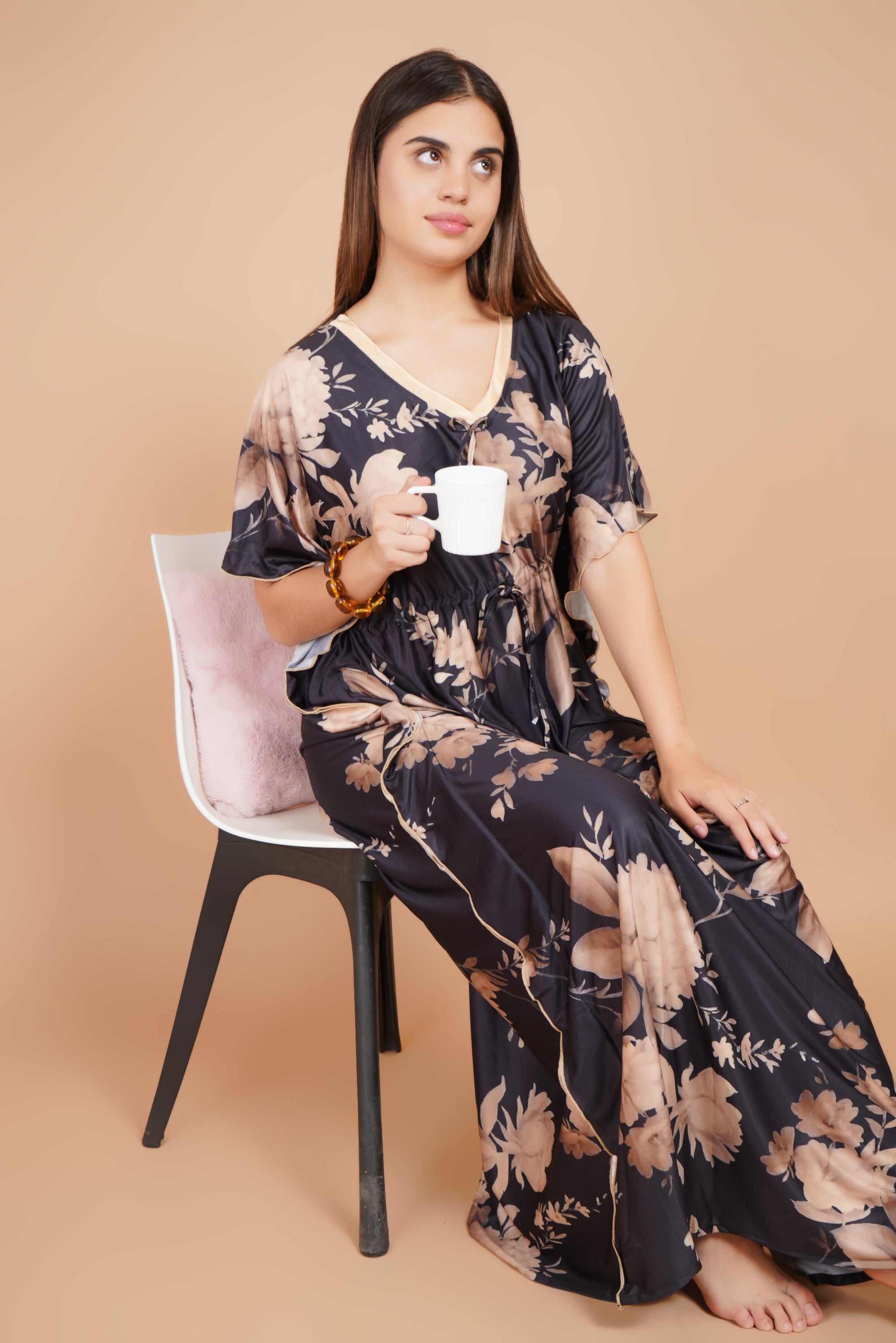 Women Printed V-neck Maxi Kaftan Nightdress