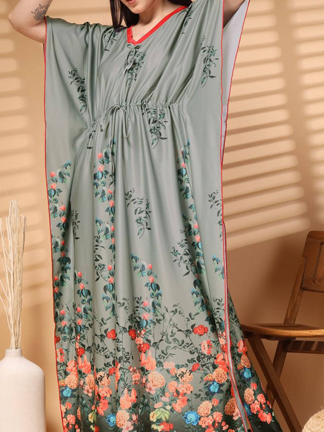 Women Printed V-neck Maxi Kaftan Nightdress