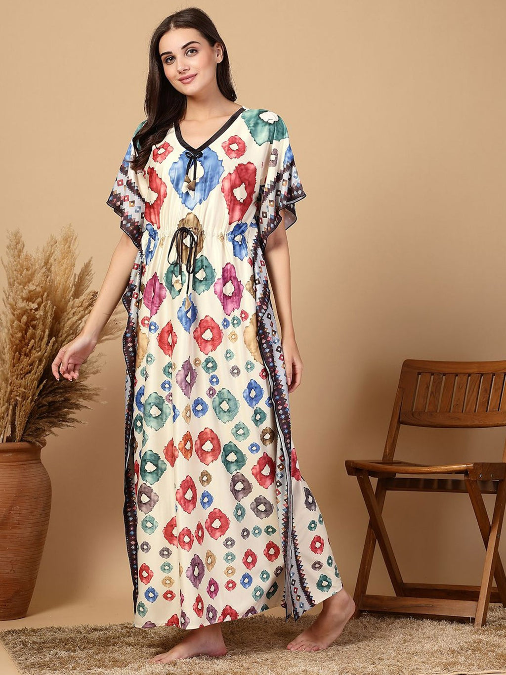 Women Printed Premium Soft Satin Kaftan Nightwear Dress