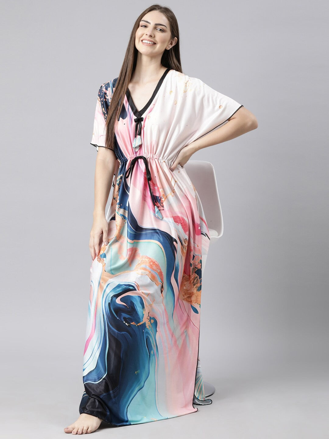 Women Printed Satin Kaftan Nightdress